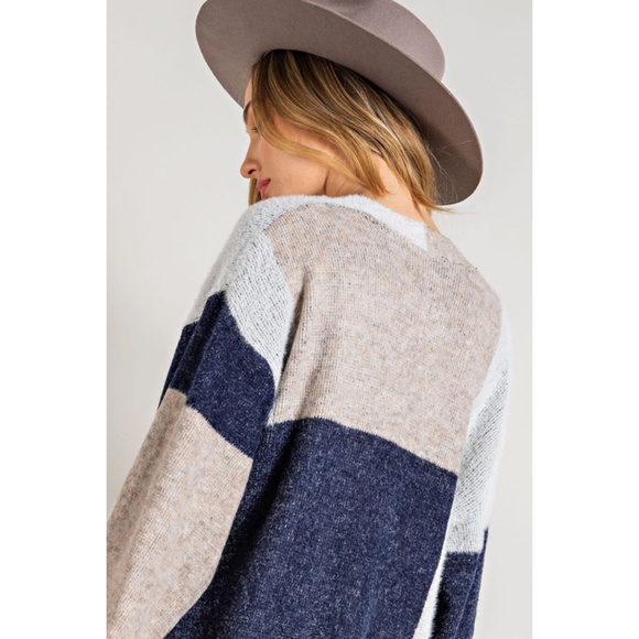 SOLD OUT Navy Colorblock Soft Knit Fall Winter Casual Women's Duster Cardigan - Picture 7 of 8